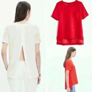 Madewell Womens Red Industry Button Back Blouse Top High Low Pocket Size XS